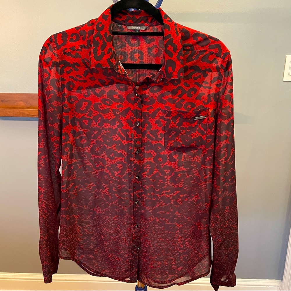 Guess long sleeve red cheetah button down blouse